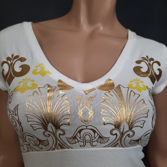 Y2K Dereon Beyonce Babydoll T shirt Top Size S V Neck Off White Fleur de Lis - Picture 3 of 7